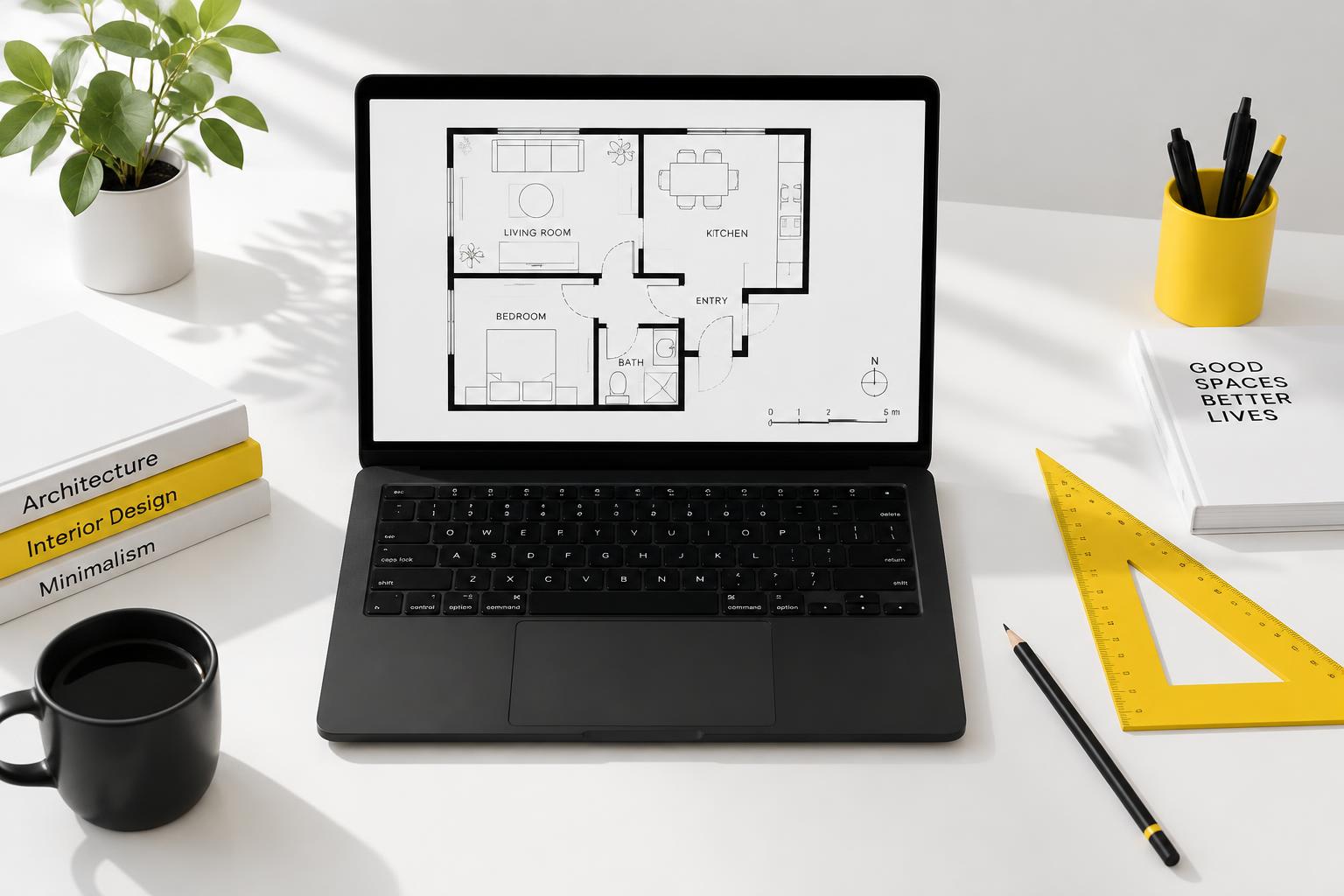 Planta baixa 2D sendo editada em um notebook sobre mesa branca